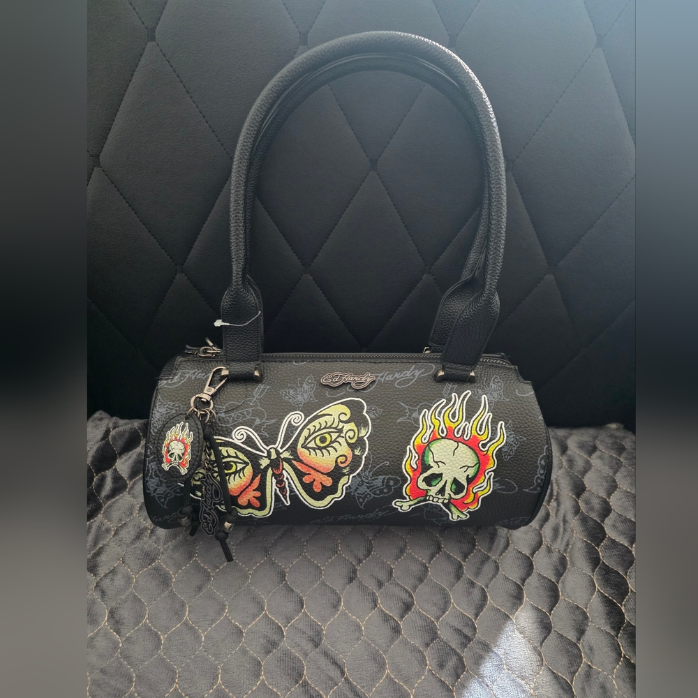 Ed Hardy Black Barrel Purse With Tatto.